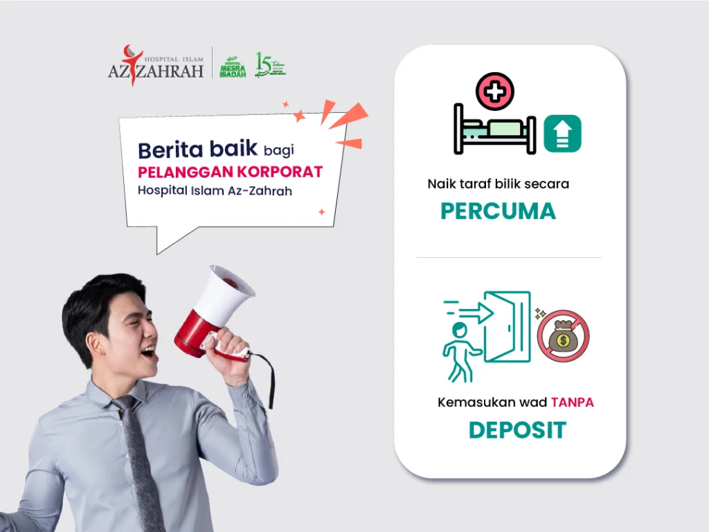 Poster promosi Hospital Islam Az-Zahrah untuk pelanggan korporat dengan kemasukan tanpa deposit dan naik taraf bilik percuma.