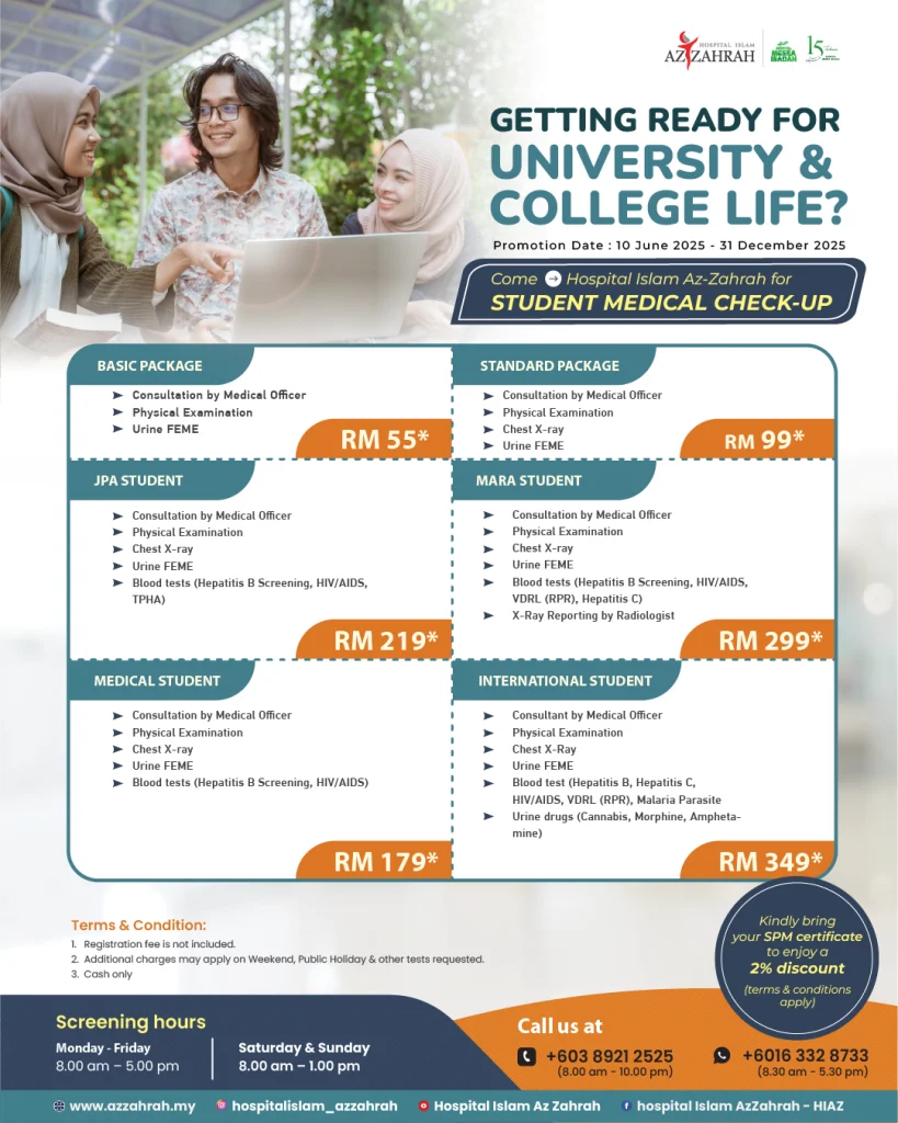 Pakej medical check-up untuk pelajar di Hospital Islam Az-Zahrah serendah RM55 termasuk ujian darah, X-ray dan konsultasi doktor