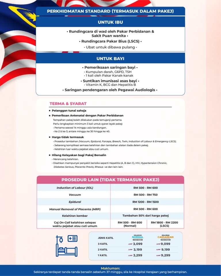 Poster Pakej Bersalin Merdeka 2025 di Hospital Islam Az-Zahrah – Harga promosi dari RM3,099 untuk kelahiran normal & caesarean.
