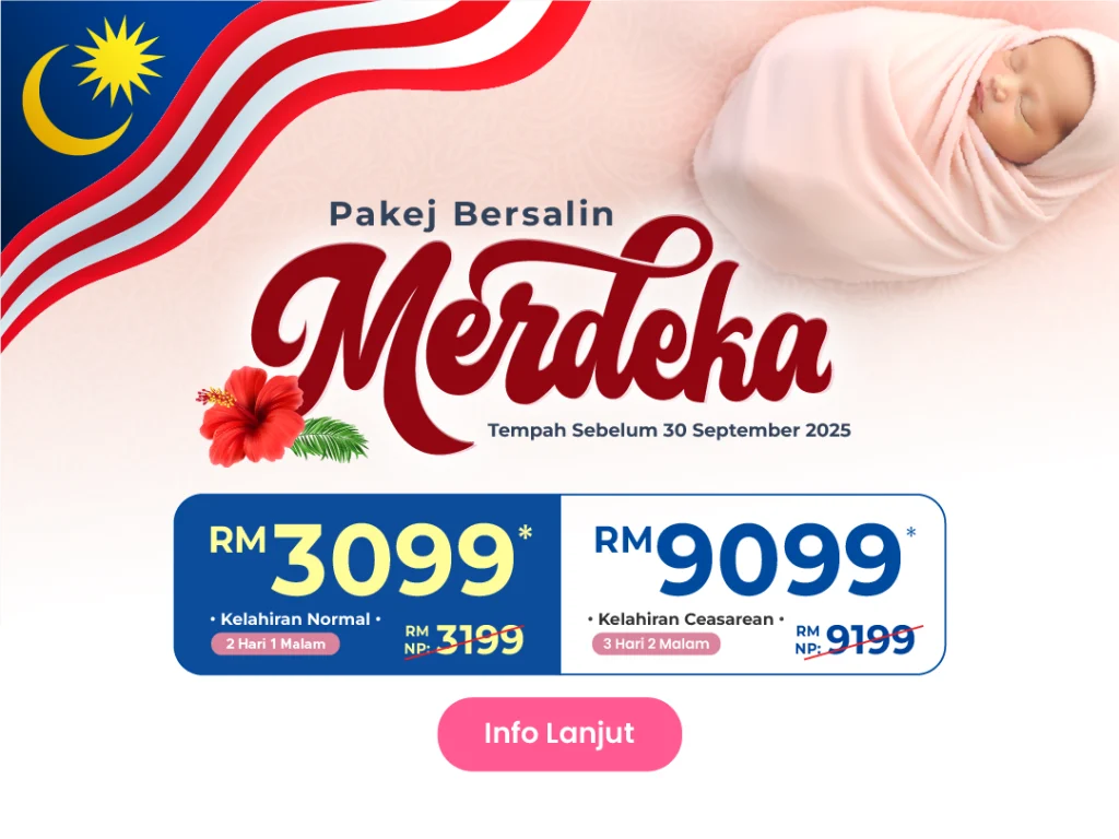 Poster Pakej Bersalin Merdeka 2025 di Hospital Islam Az-Zahrah – Harga promosi dari RM3,099 untuk kelahiran normal & caesarean.