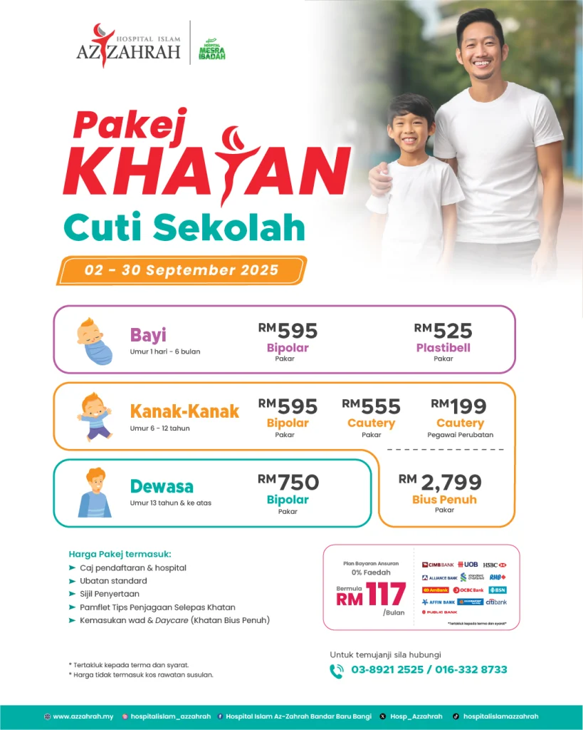 Circumcision Package Poster – Hospital Islam Az-Zahrah (2–30 September 2025), baby, kids & adult packages with prices and 0% instalment plan.