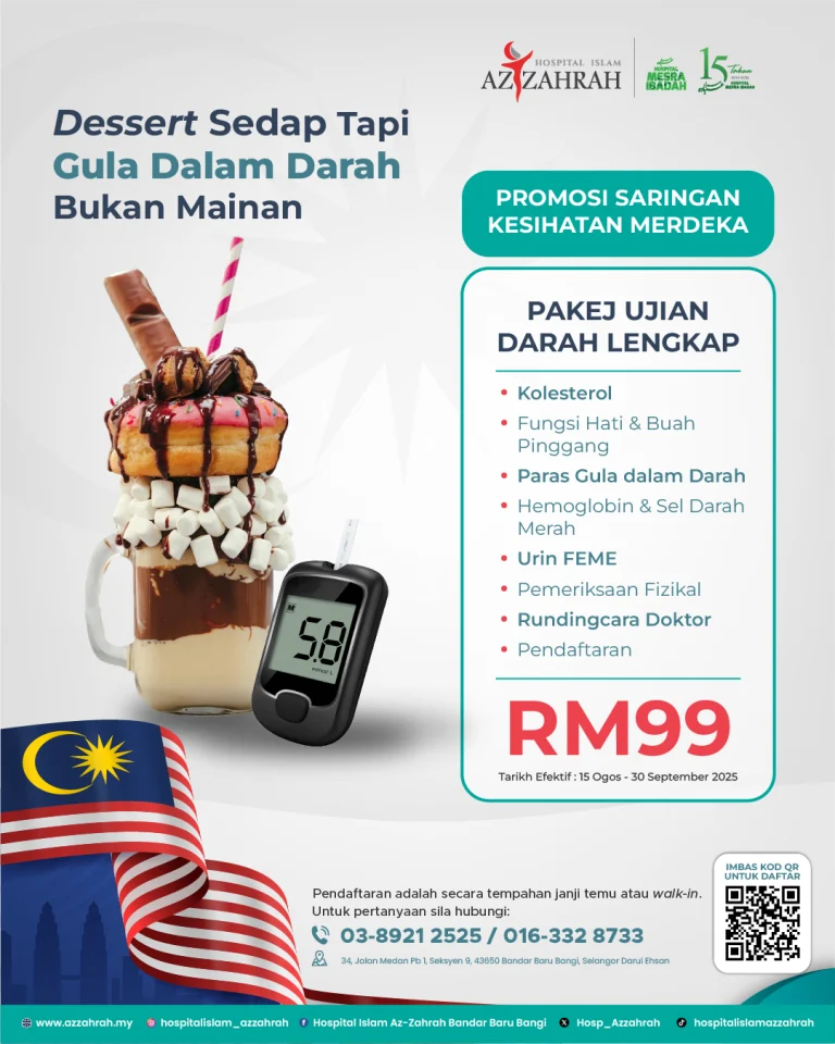 Poster promosi Saringan Kesihatan Merdeka Hospital Az-Zahrah dengan pakej ujian darah lengkap berharga RM99.