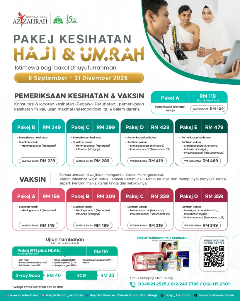 Poster promosi Pakej Kesihatan Haji & Umrah 2025 Hospital Islam Az-Zahrah – pemeriksaan kesihatan, vaksin wajib dan tambahan.