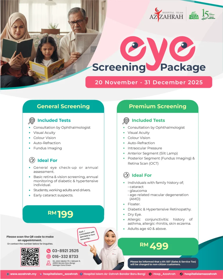 Poster Promosi Eye Screening Package Hospital Islam Az-Zahrah – General & Premium Eye Screening 20 November hingga 31 Disember 2025