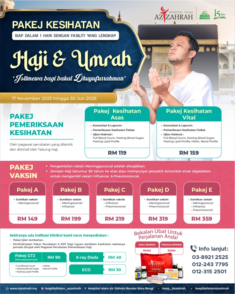 Poster Pakej Kesihatan Haji & Umrah Hospital Islam Az-Zahrah dengan pilihan pemeriksaan kesihatan dan pakej vaksin Meningococcal, Influenza dan Pneumococcal untuk bakal jemaah