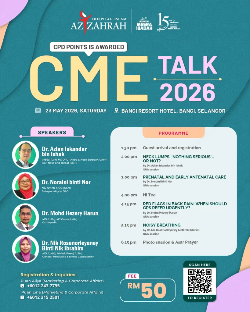 Poster CME Talk 2026 Hospital Islam Az-Zahrah di Bangi Resort Hotel pada 23 Mei 2026.
