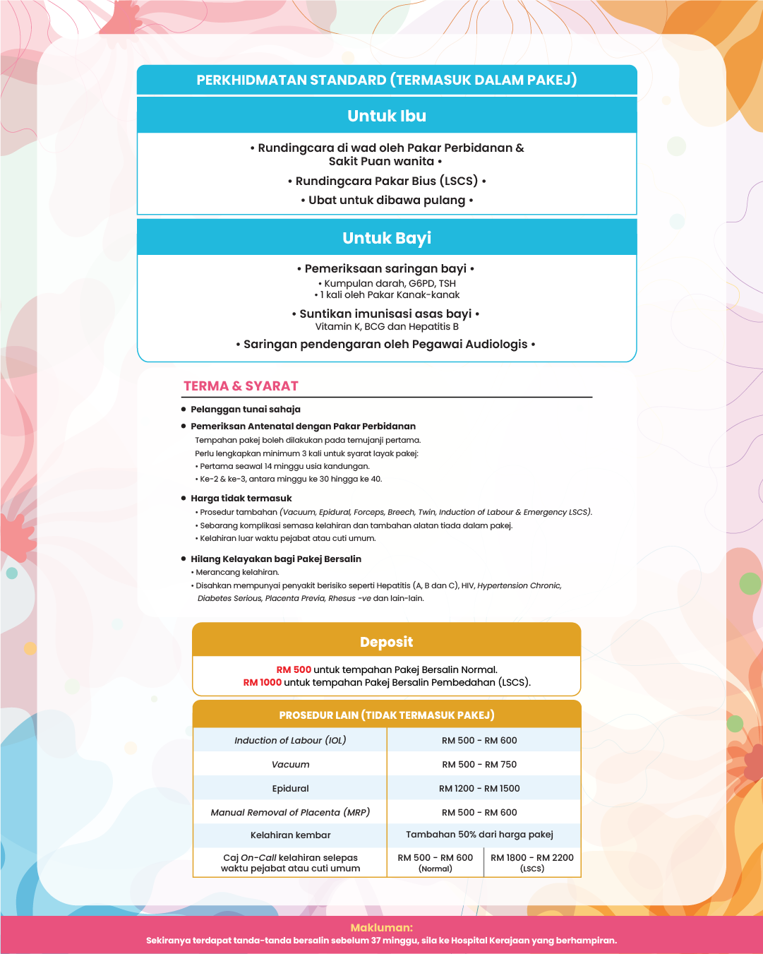 Infografik harga dan butiran Pakej Bersalin Syawal 2026 Hospital Islam Az-Zahrah Bangi untuk kelahiran Normal dan Caesarean.