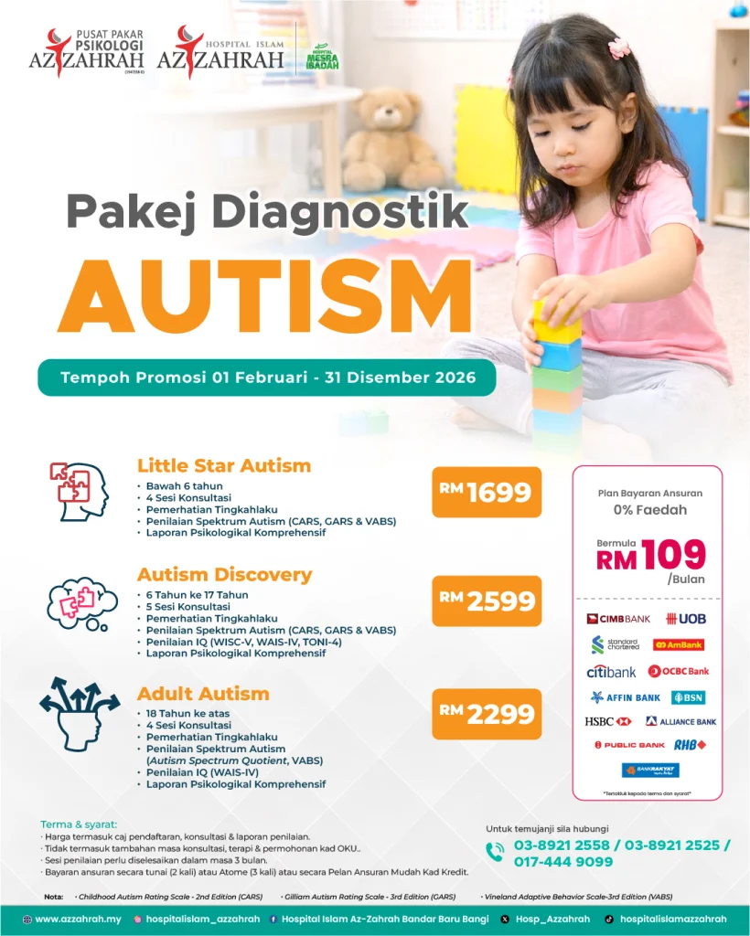 Poster promosi Pakej Diagnostik Autism Hospital Islam Az-Zahrah untuk kanak-kanak dan dewasa bersama Pusat Pakar Psikologi Az-Zahrah.