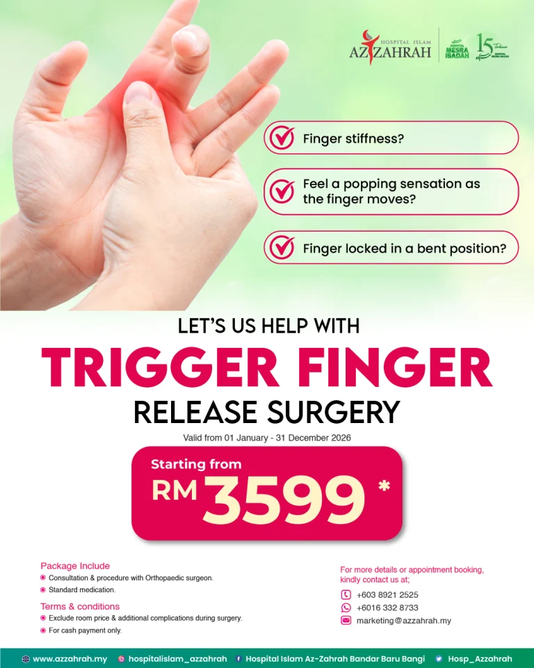 Poster promosi Pakej Pembedahan 'Trigger Finger' (Jari Kaku) oleh Pakar Ortopedik di Hospital Islam Az-Zahrah bermula dari RM3,599.