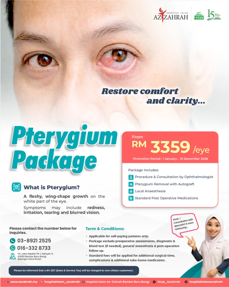 Poster promosi Pakej Pterygium Hospital Islam Az-Zahrah untuk rawatan selaput mata, kemerahan, iritasi dan penglihatan kabur.