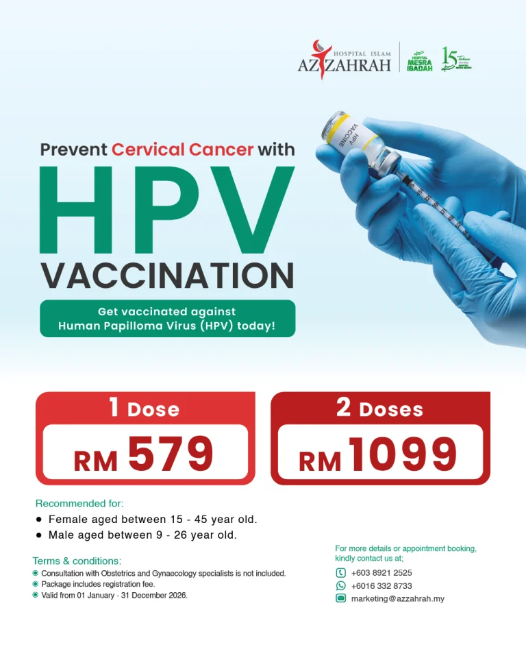 Poster promosi Pakej Vaksinasi HPV oleh Hospital Islam Azzahrah bermula dari RM579 untuk mencegah kanser serviks.