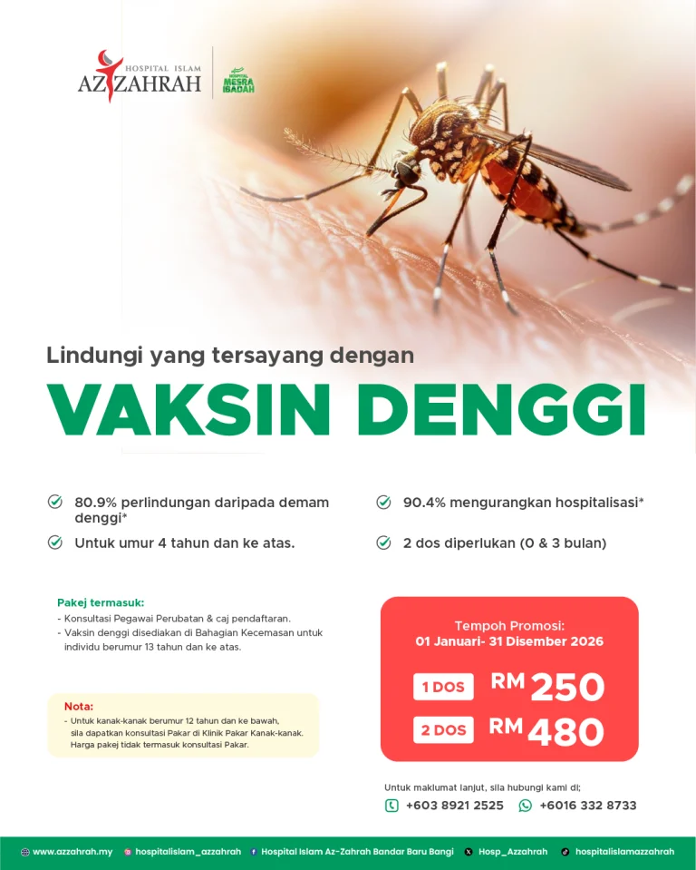Poster promosi Pakej Vaksin Denggi oleh Hospital Islam Azzahrah bermula dari RM250 untuk perlindungan daripada demam denggi.