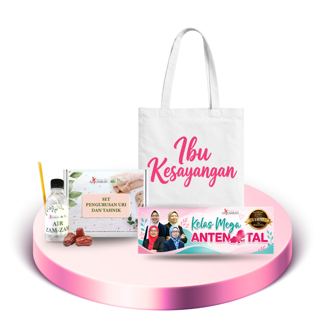 Set hadiah Pakej Bersalin Ratu: Mummy bag, set tahnik, set pengurusan uri dan tiket Kelas Mega Antenatal