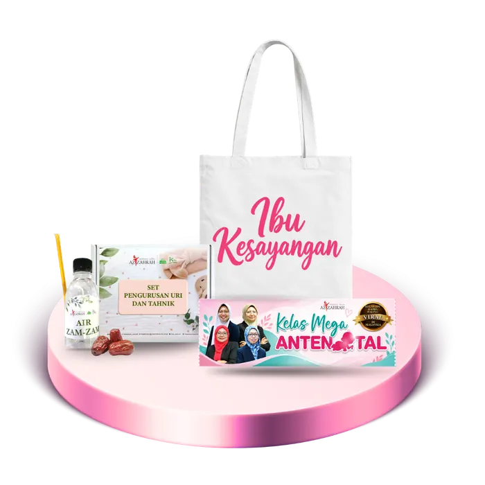 Set hadiah Pakej Bersalin Ratu: Mummy bag, set tahnik, set pengurusan uri dan tiket Kelas Mega Antenatal